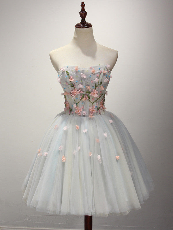Short Strapless Prom Dress with Floral Applique Size 20W / Gray Short Strapless Prom Dress with Floral Applique Size 20W / Gray
