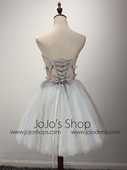 Short Strapless Prom Dress with Floral Applique