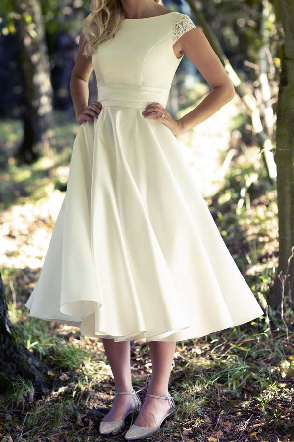 Satin Retro Tea Length Wedding Dress with Cap Sleeves