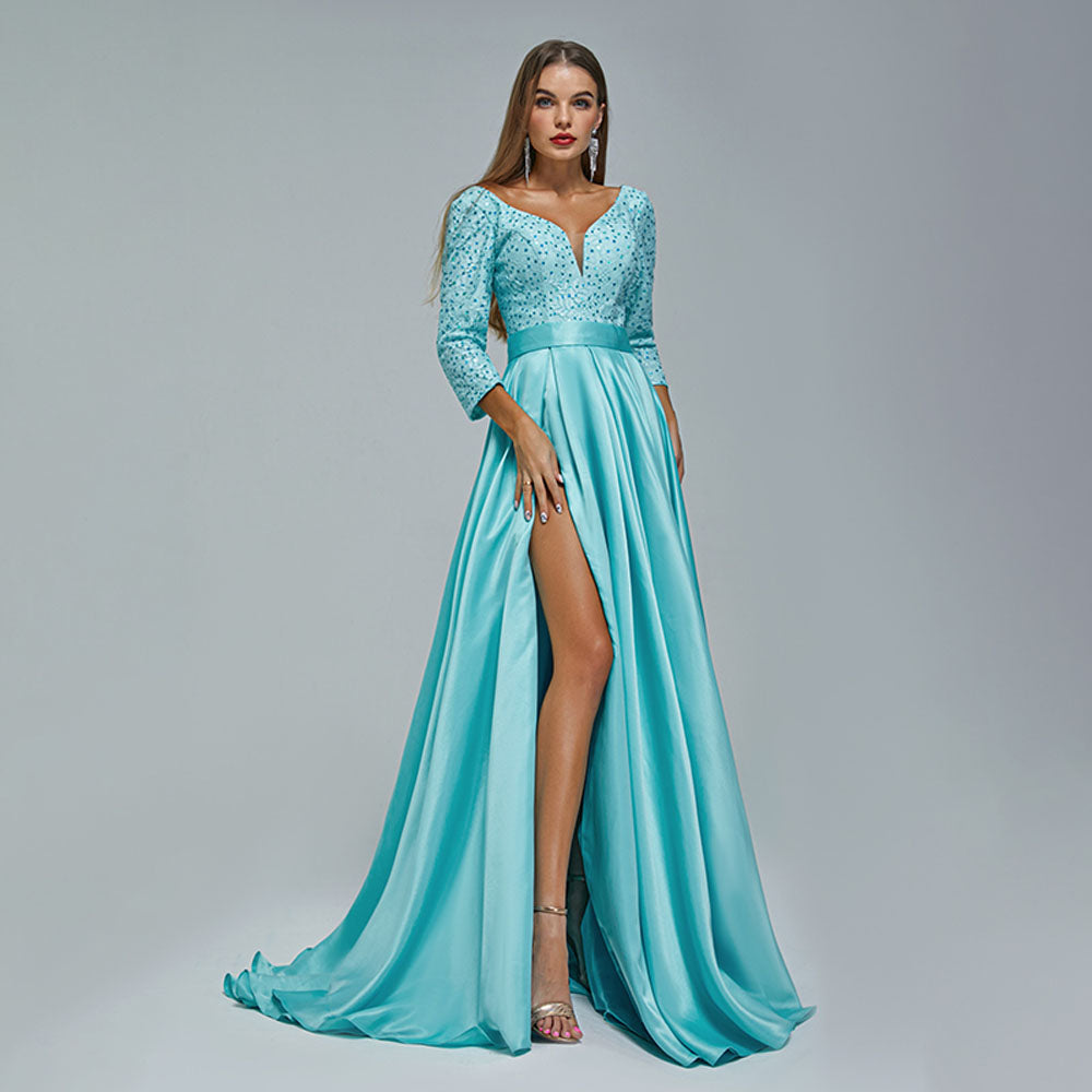 Turquoise Satin Lace Ball Gown Formal Prom Dress EN5407 Turquoise Satin Lace Ball Gown Formal Prom Dress EN5407