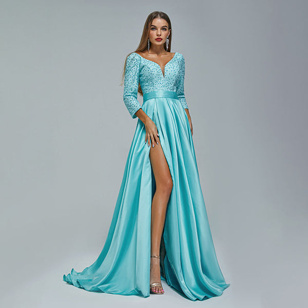 Turquoise Satin Lace Ball Gown Formal Prom Dress EN5407