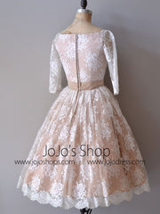 Retro Modest Mocha Lace Short Wedding Dress with Long Sleeves