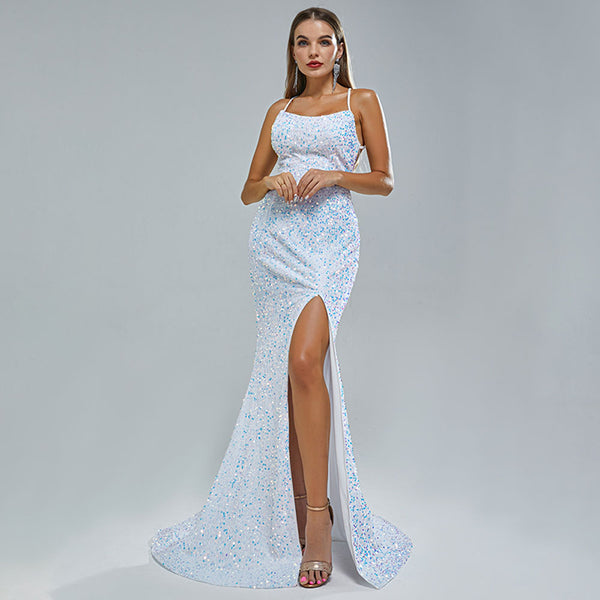 Slim Iridescent Shimmery Open Back Formal Prom Evening Dress EN5408