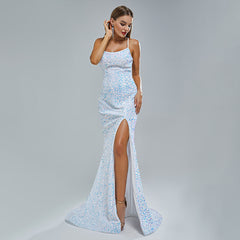 Slim Iridescent Shimmery Open Back Formal Prom Evening Dress EN5408