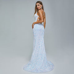 Slim Iridescent Shimmery Open Back Formal Prom Evening Dress EN5408