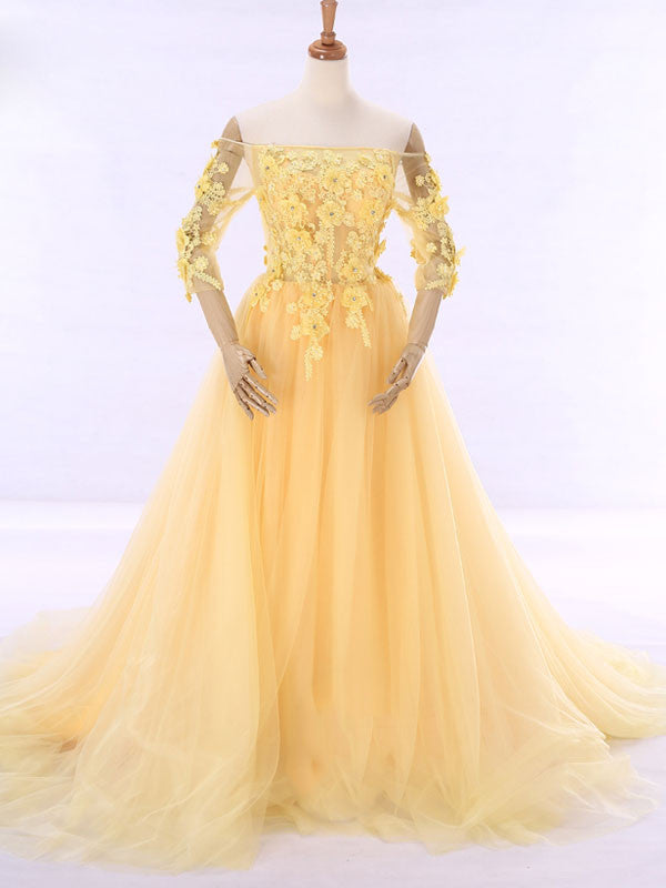 Yellow Off Shoulder Formal Evening Gown with Daisy Flowers RS201610 Size 18W / Yellow Yellow Off Shoulder Formal Evening Gown with Daisy Flowers RS201610 Size 18W / Yellow