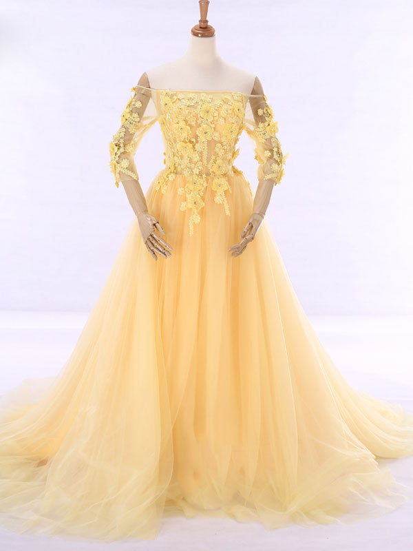 Yellow Off Shoulder Formal Evening Gown with Daisy Flowers