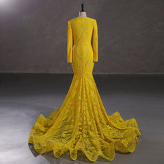 Yellow Long Fitted Sequins Lace Mermaid Evening Dress with Plunging Neck EN5405