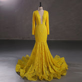 Yellow Long Fitted Sequins Lace Mermaid Evening Dress with Plunging Neck EN5405
