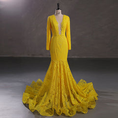 Yellow Long Fitted Sequins Lace Mermaid Evening Dress with Plunging Neck EN5405