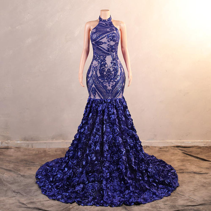 Blue Sequins Fitted Maxi Formal Evening Dress with Halter Neck EN5808