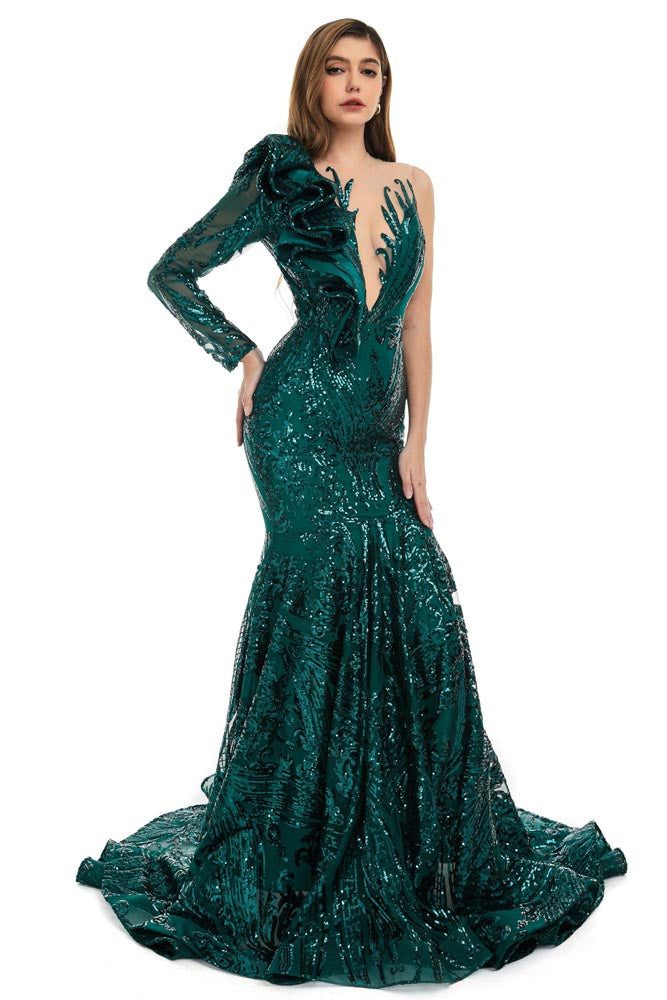 Sexy Forest Green Sequins Fit and Flare Formal Prom Evening Dress EN5806