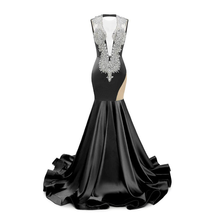Black Sexy Maxi Fit and Flare Formal Prom Dress with Plunging Neckline and Open Back EN5805