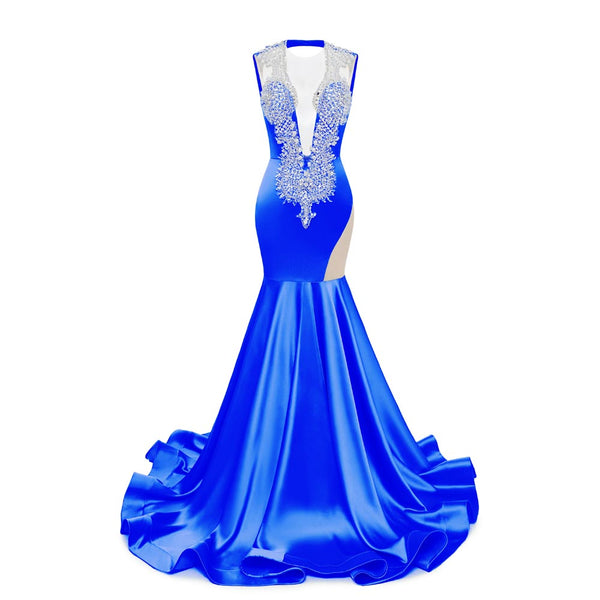 Royal Blue Sexy Maxi Fit and Flare Formal Prom Dress with Plunging Neckline and Open Back EN5805