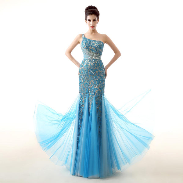 Blue One Shoulder Maxi Formal Prom Evening Dress EN137