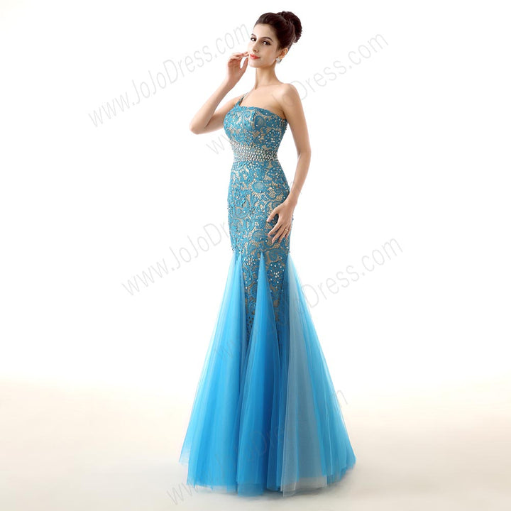Blue One Shoulder Maxi Formal Prom Evening Dress EN137