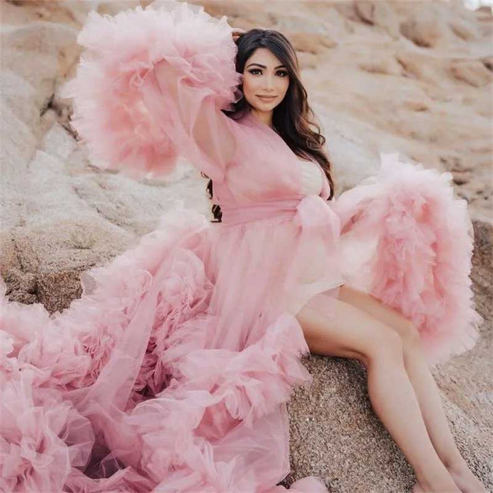 Blush Pink Long Ruffled Tulle Robe for Wedding and Maternity Photo Shoots RB1333