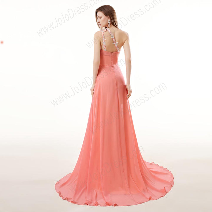 Coral Pink Grecian Chiffon Maxi Formal Prom Evening Dress EN140