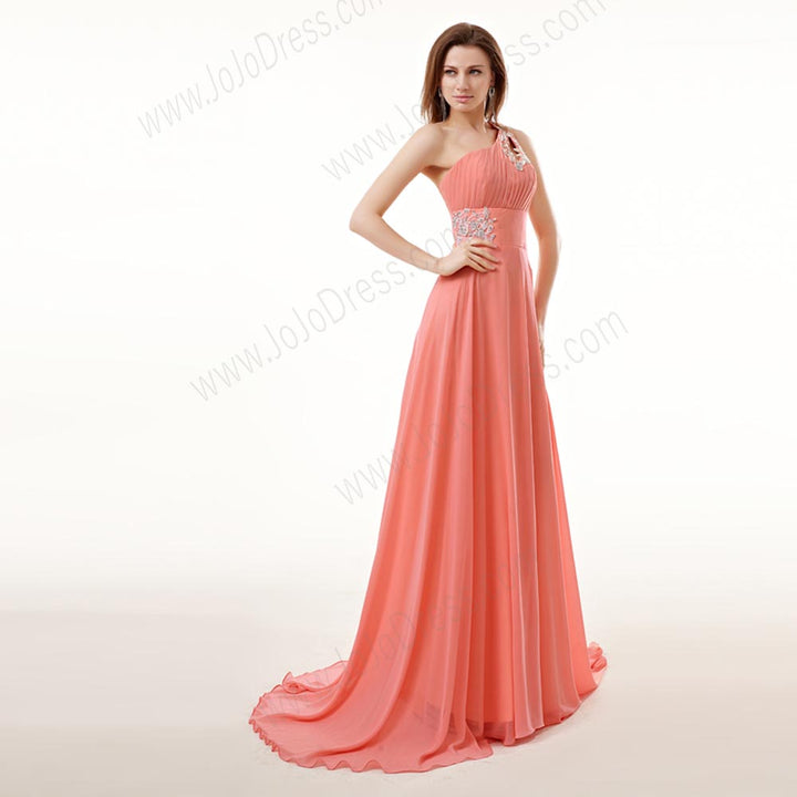 Coral Pink Grecian Chiffon Maxi Formal Prom Evening Dress EN140