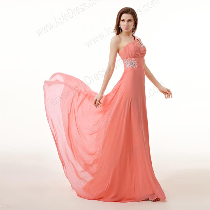 Coral Pink Grecian Chiffon Maxi Formal Prom Evening Dress EN140