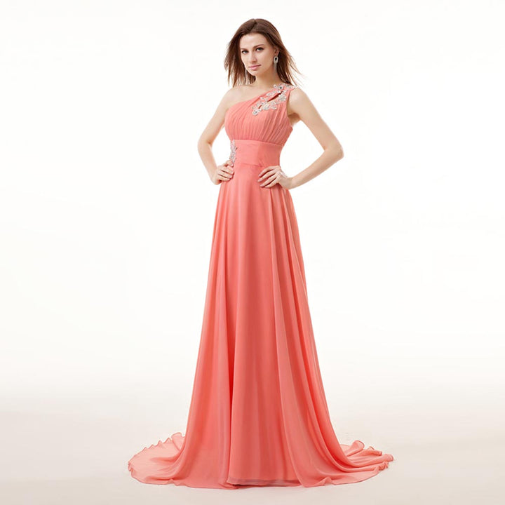 Coral Pink Grecian Chiffon Maxi Formal Prom Evening Dress EN140