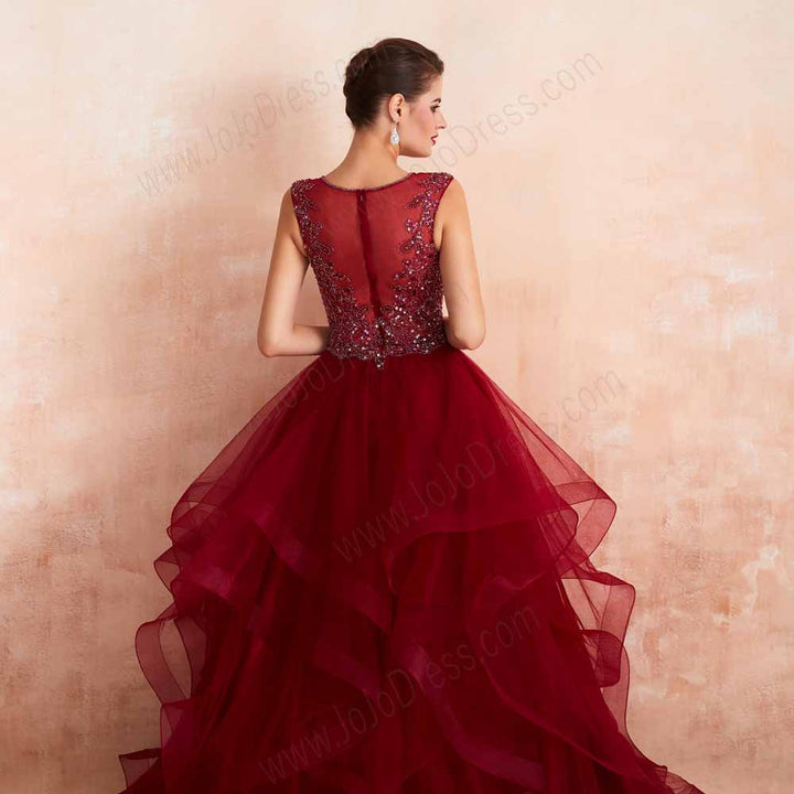 Dark Red Ruffles Ball Gown Prom Formal Evening Dress EN3406