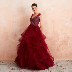 Dark Red Ruffles Ball Gown Prom Formal Evening Dress EN3406