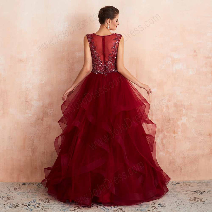 Dark Red Ruffles Ball Gown Prom Formal Evening Dress EN3406