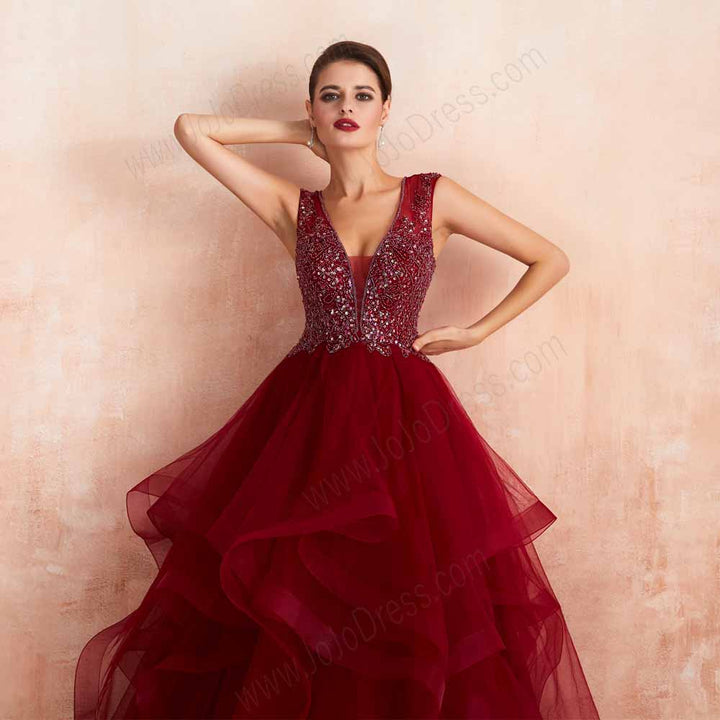 Dark Red Ruffles Ball Gown Prom Formal Evening Dress EN3406