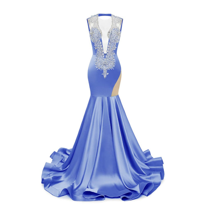 Dusty Blue Sexy Maxi Fit and Flare Formal Prom Dress with Plunging Neckline and Open Back EN5805