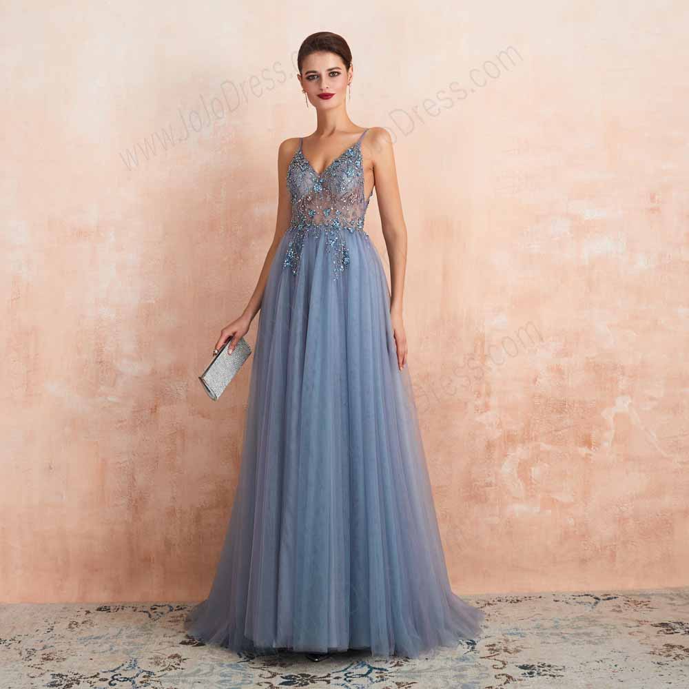 Dusty Blue Sexy Maxi Black Tie Formal Prom Evening Dress EN3407