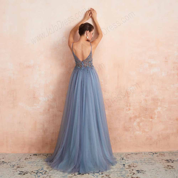 Dusty Blue Sexy Maxi Black Tie Formal Prom Evening Dress EN3407