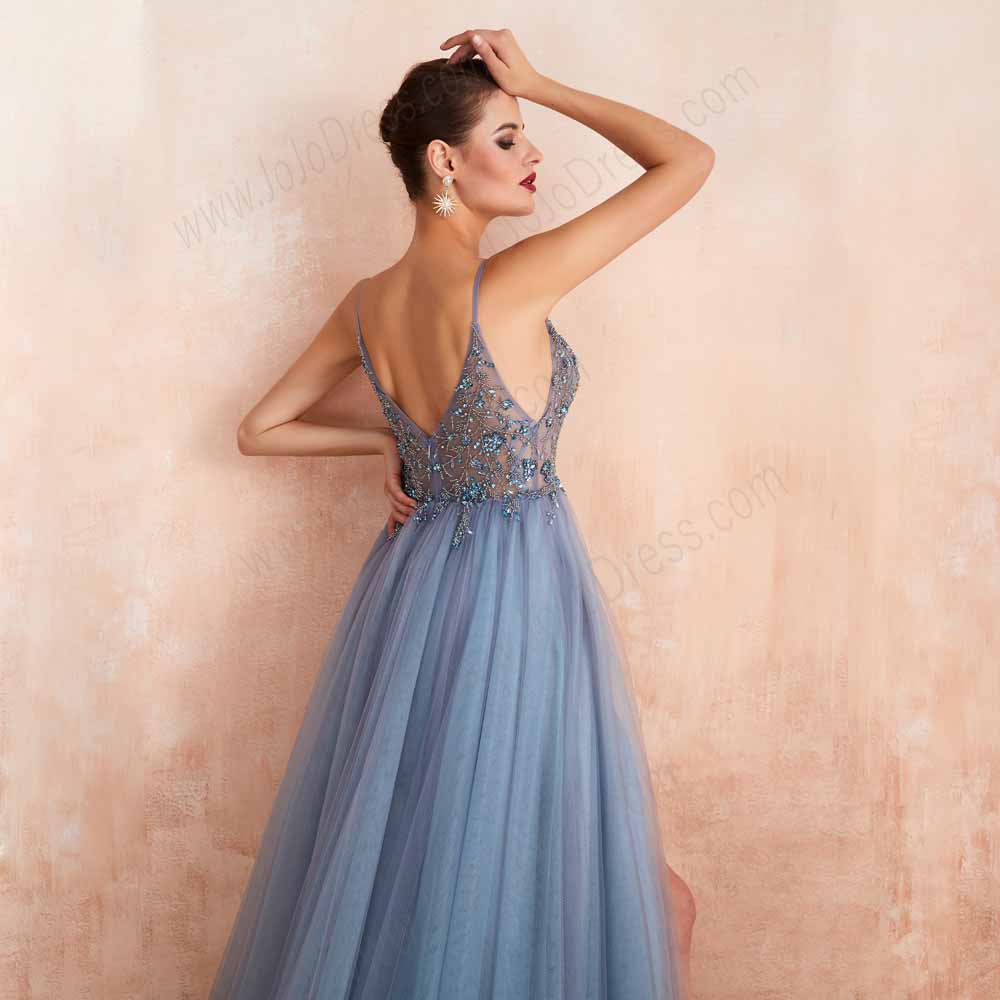 Dusty Blue Sexy Maxi Black Tie Formal Prom Evening Dress EN3407