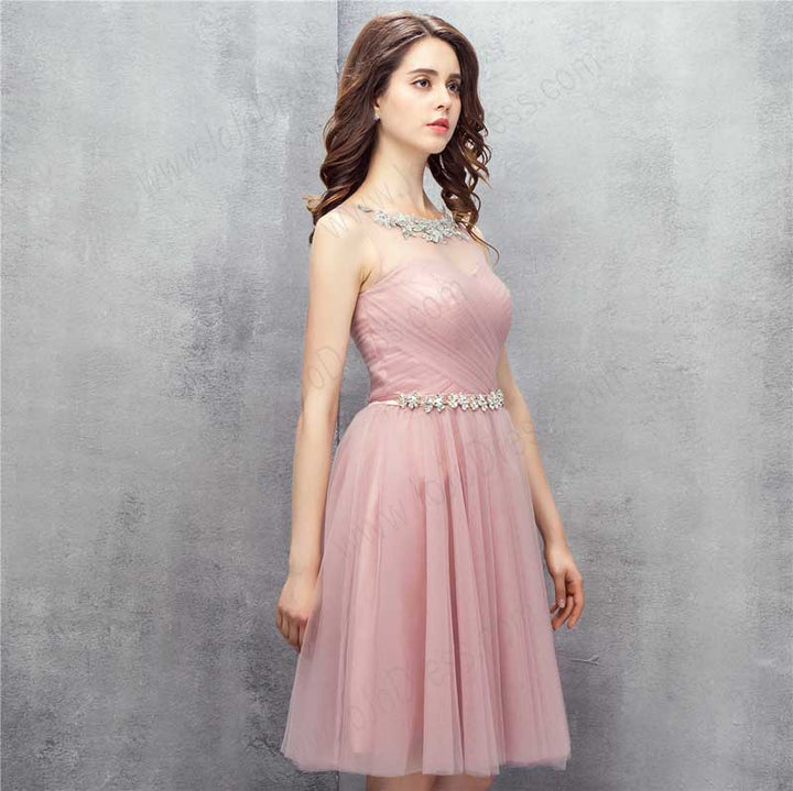 Vintage Dusty Pink Short Formal Dress with Jeweled Belt EN1009