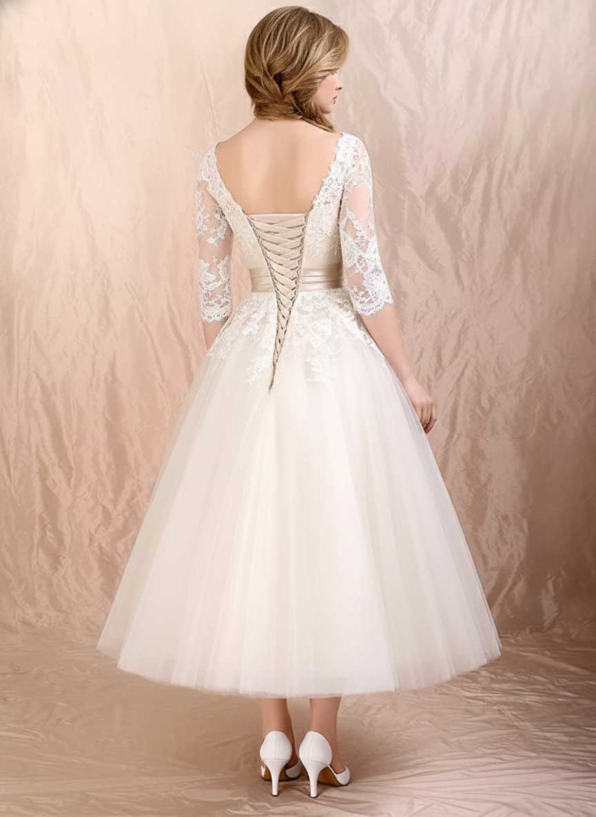 Retro 50s 60s Tea Length Lace Tulle Formal Wedding Dress DV1036 Size 12 / White Retro 50s 60s Tea Length Lace Tulle Formal Wedding Dress DV1036 Size 12 / White