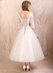 Retro 50s 60s Tea Length Lace Tulle Formal Wedding Dress DV1036