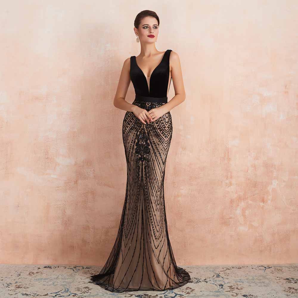 Elegant Black Fitted Maxi Formal Evening Dress EN3403