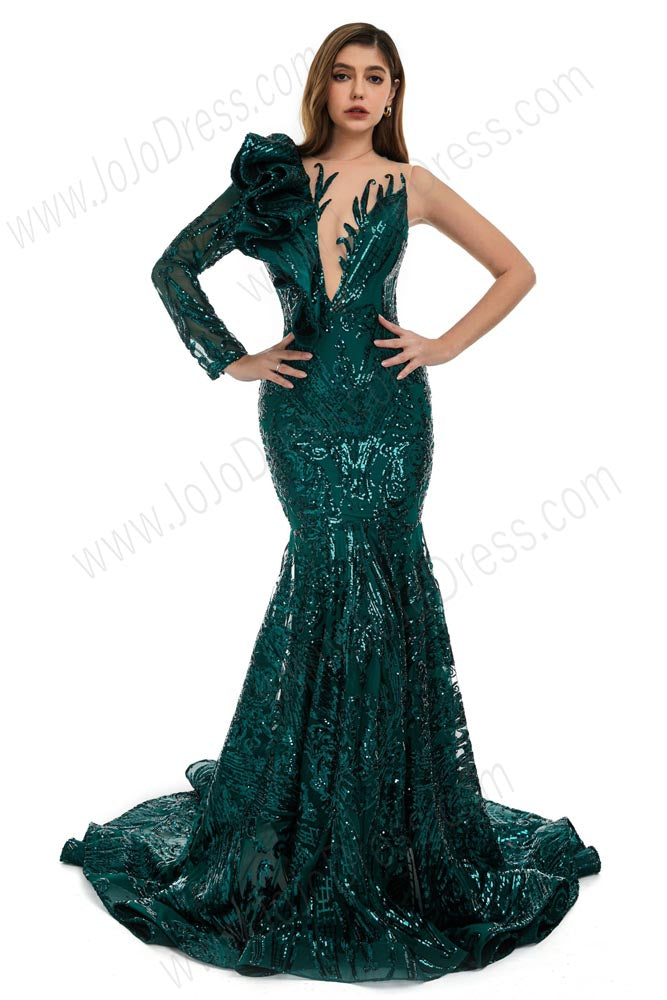 Sexy Forest Green Sequins Fit and Flare Formal Prom Evening Dress EN5806