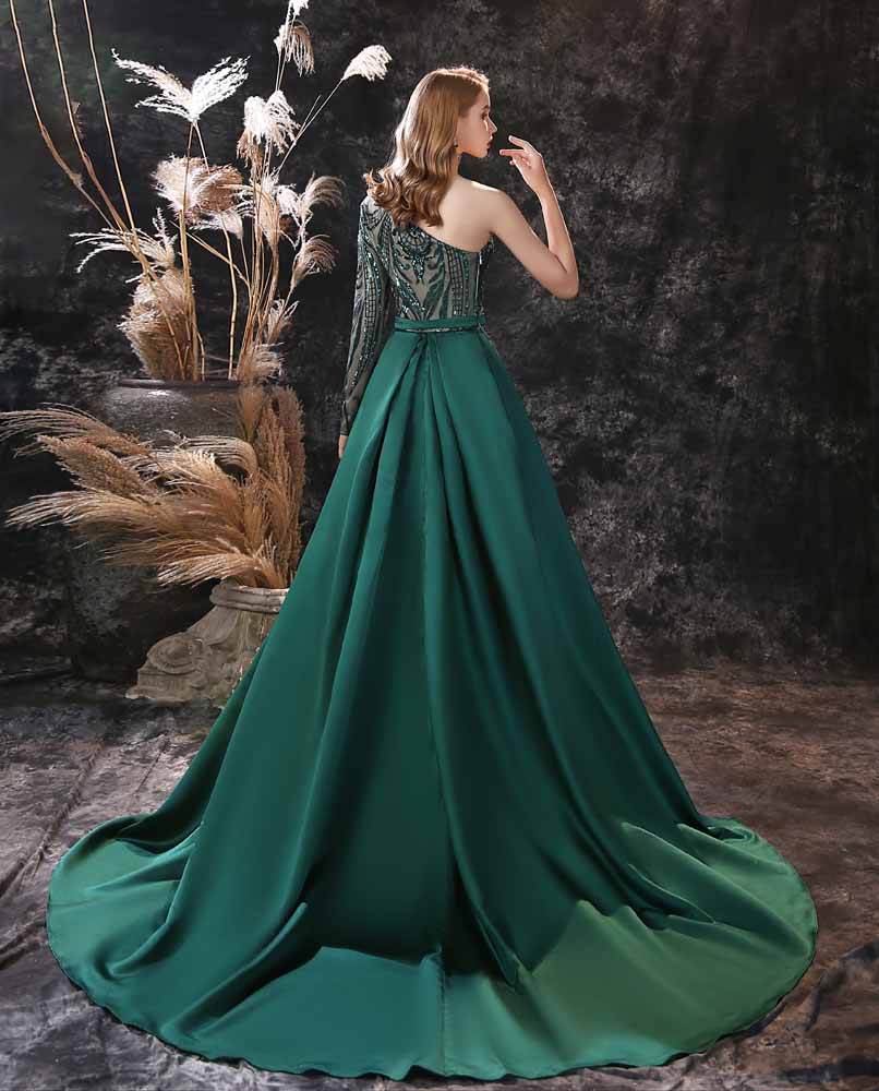 Green Sequins Maxi One Shoulder Fitted Mermaid Formal Evening Dress EN3904