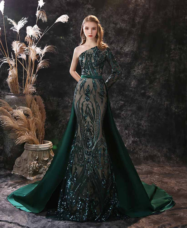 Green Sequins Maxi One Shoulder Fitted Mermaid Formal Evening Dress EN3904