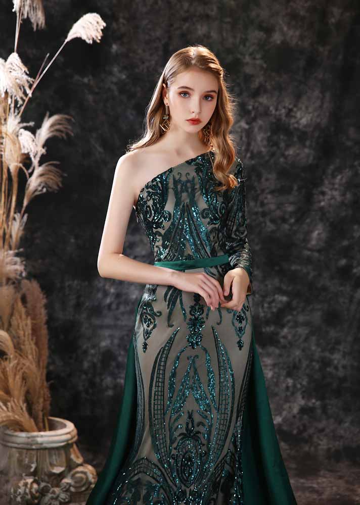 Green Sequins Maxi One Shoulder Fitted Mermaid Formal Evening Dress EN3904