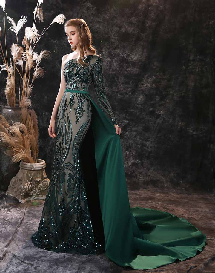 Green Sequins Maxi One Shoulder Fitted Mermaid Formal Evening Dress EN3904