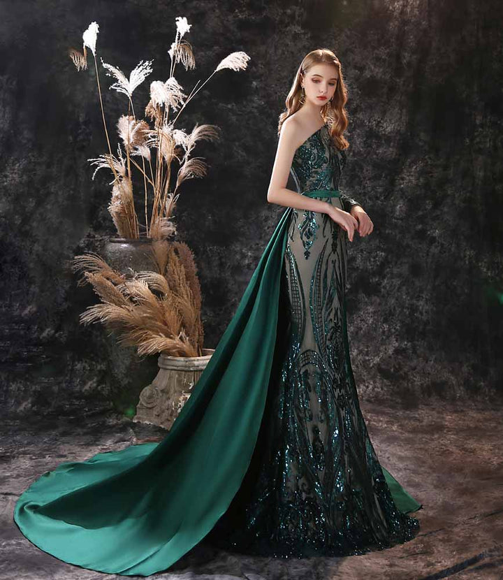 Green Sequins Maxi One Shoulder Fitted Mermaid Formal Evening Dress EN3904
