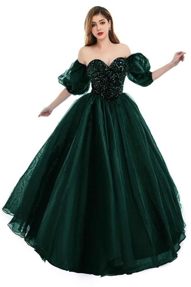 Green Strapless Ball Gown Formal Dress with Sequins Top and Detached Sleeves EN5801