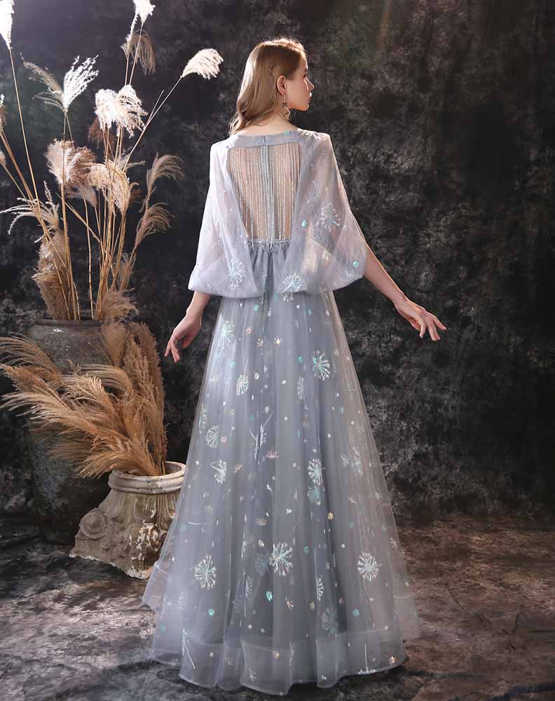 Gray Maxi Snow Flake Sequins Formal Prom Evening Dress EN3905