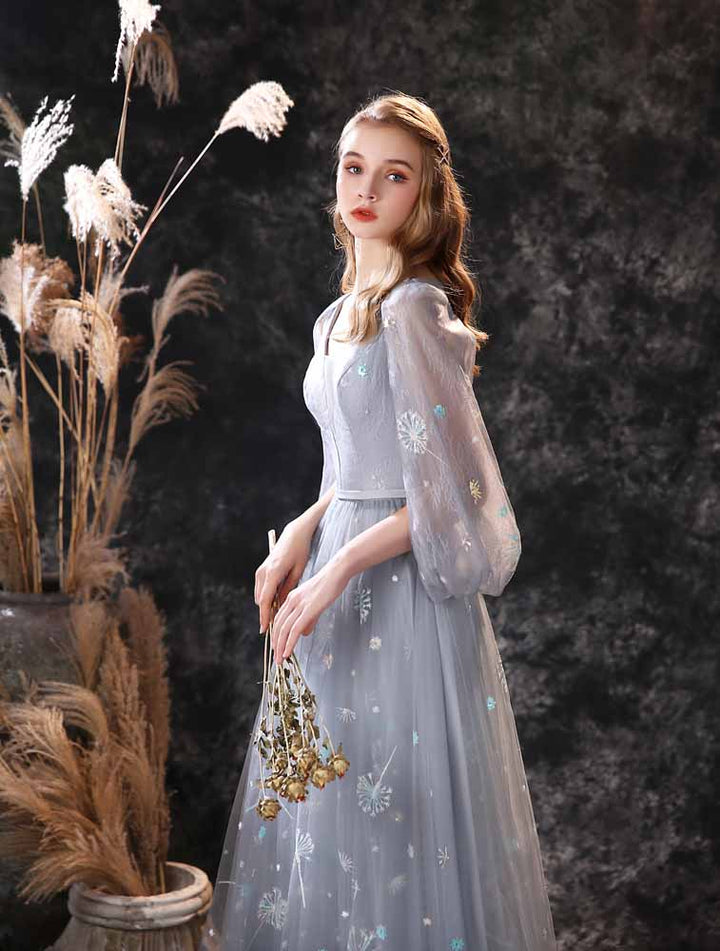 Gray Maxi Snow Flake Sequins Formal Prom Evening Dress EN3905