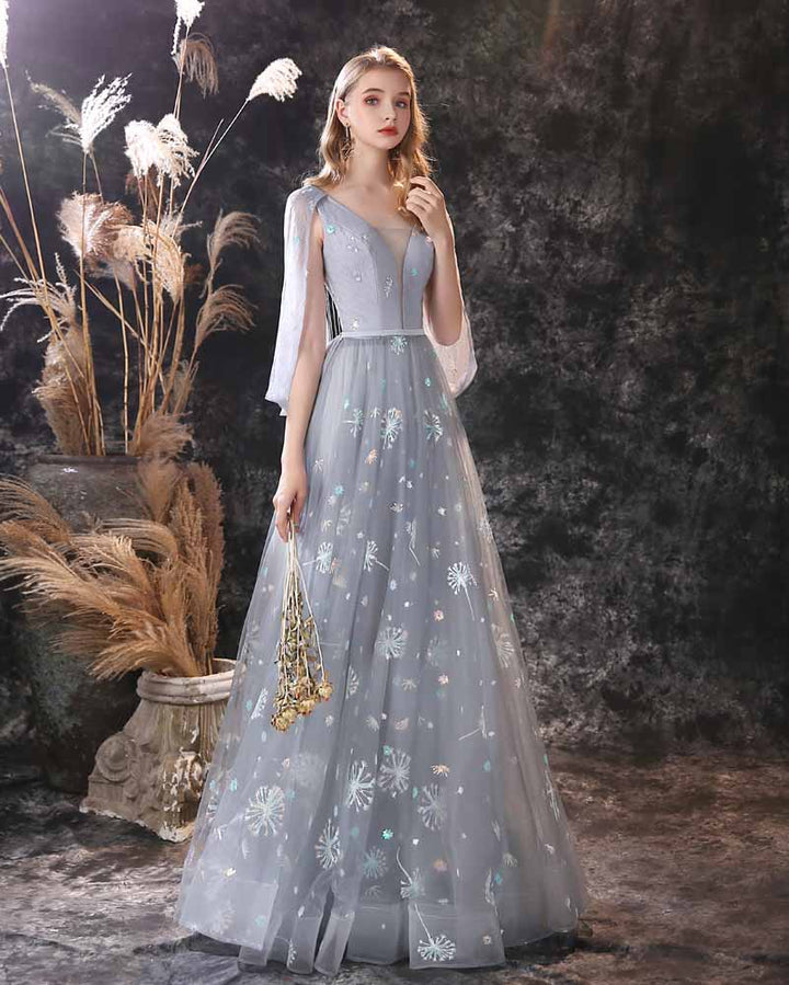 Gray Maxi Snow Flake Sequins Formal Prom Evening Dress EN3905