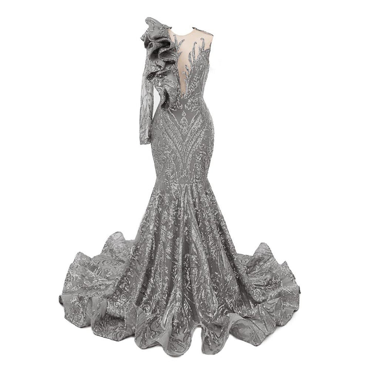 Gray Sequins Fit and Flare Formal Prom Evening Dress EN5806