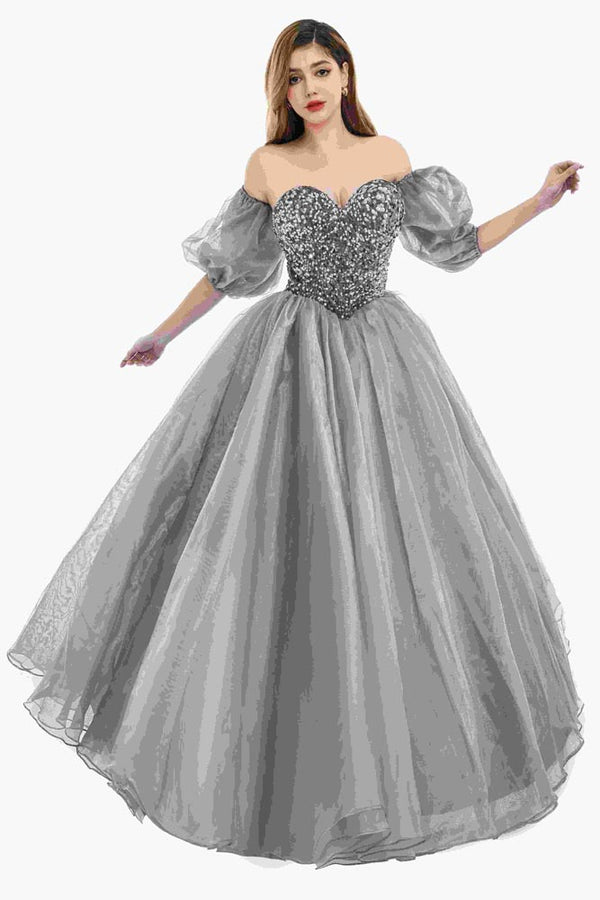 Gray Strapless Ball Gown Prom Evening Dress with Detached Sleeves EN5801
