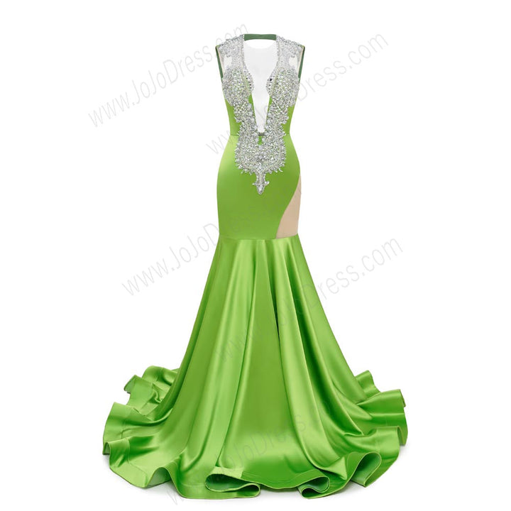 Green Sexy Maxi Fit and Flare Formal Prom Dress with Plunging Neckline and Open Back EN5805